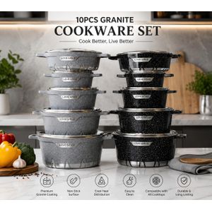 Love Smile 10-Piece Granite Non-Stick Cookware Set with Glass Lids – Grey/Black