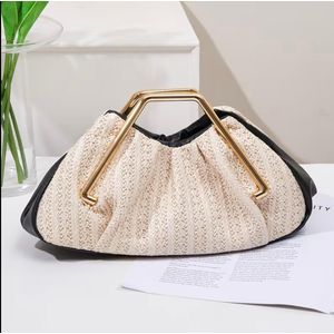 Women’s Woven Straw & Leather Dumpling Clutch Bag with Gold Metal Frame Handle
