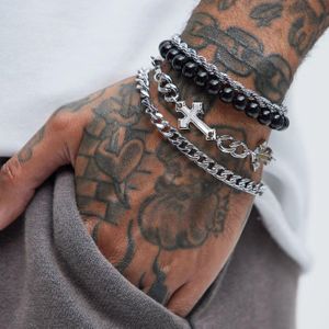 4-Piece Men’s Bracelet Set – Cross & Beaded Chain Bracelets