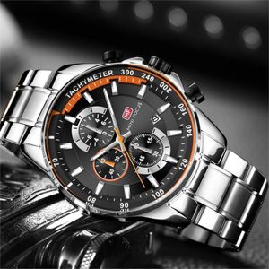 MINI FOCUS Analog Chronograph Waterproof Stainless Steel Watch Analog Top Luxury Sport Quartz Watch Wristwatch - Silver