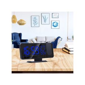 Digital Alarm Clock Large LED Display Temperature Humidity FM Radio Mirror Desk Clock (L4.5 x W18.5 x H9)cm / (L1.77 x W7.28 x H3.54)inch - Black/Blue Display