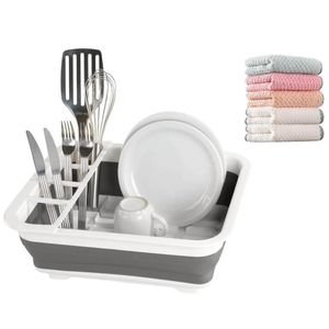 Foldable Dish Drying Rack - White/Grey + Kitchen Towel - 5Pcs - Multicolor