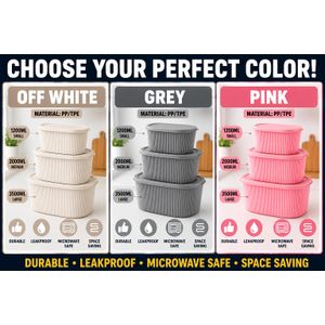 3-Piece Leakproof Food Storage Containers Set 1200ML,2000ML,3500ML– Grey/OffWhite/Pink