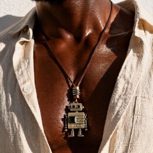 Antique Bronze Movable Robot Pendant Necklace, Retro Leather Cord Necklace for Men and Women