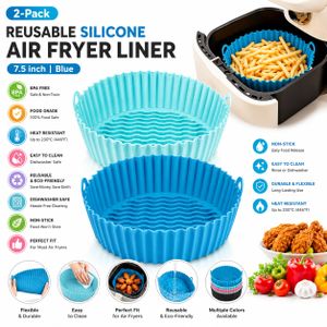 2-Pack Reusable Silicone Air Fryer Liner 7.5 Inch - Non-Stick Heat Resistant Baking Pot - Blue