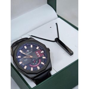 T-Sera Men's Luxury Octagonal Quartz Watch + Black Bar Pendant Necklace Set - Black
