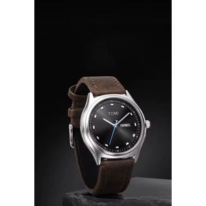 TOMI T030 Men’s Executive Quartz Watch – Black Dial, Leather Strap & Day-Date Display