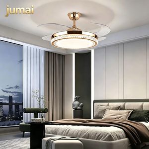 Other 42 Inch Retractable Invisible Ceiling Fan Light, Gold Crystal Fan Chandelier 6 Speed Silent BLDC Motor 3 Color Dimmable LED Lamp Remote Control For Bedroom Dining Living Room Home Decor Fan Lamp