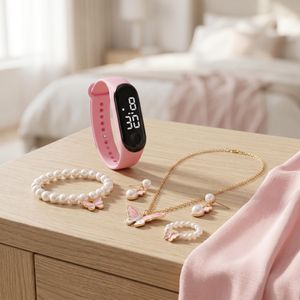 5-in-1 Children's Electronic LED Watch Student Watch with Jewelry Set - Pink