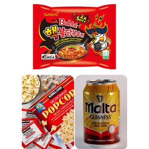 Samyang Netflix & Chill Snack Pack- Spicy chicken Ramen + Butter Popcorn + Malta Guiness