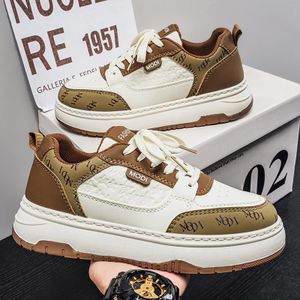 Dou-color Men's Soft-Soled Breathable Casual Shoes, White-Brown Printed Thick-Soled Board Shoes, Versatile Commuter Sports Sneakers
