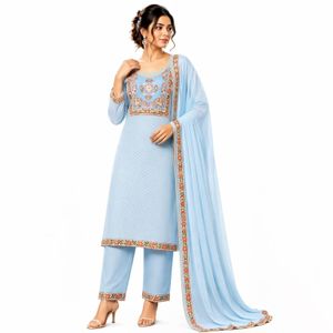 Women's Sky Blue Embroidered Dress 3-Piece with veil included