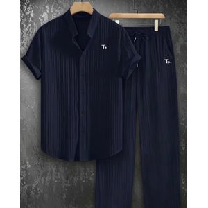 New Summer Men's Printed Shirt + Trousers Set, Loose Fit Slimming Breathable 2pcs Set, Fresh Blue Striped Casual Outfit with Simple Design for an Elegant Look, Versatile for Daily Commuting and Outings