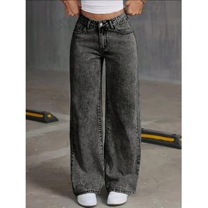 Women's Loose Fitting Straight Legs Denim Jeans - Grey
