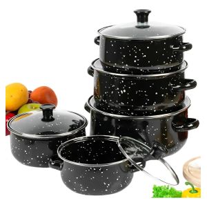 Five-piece cookware set, including glass lids, black enamel coating, comfortable handles, and various sizes (16-24 cm).