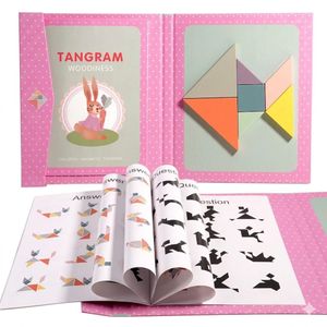 Montessori Children's wooden magnetic jigsaw puzzle fun intelligence toys baby early education puzzle kindergarten enlightenment teaching aids Magnetic Tangram Puzzle Book - Pink