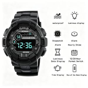 LED electronic sports digital multifunctional watch, featuring light indication and alarm function - Black color