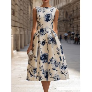 Sleeveless floral A-line mid-length dress, suitable for beach and outdoor events