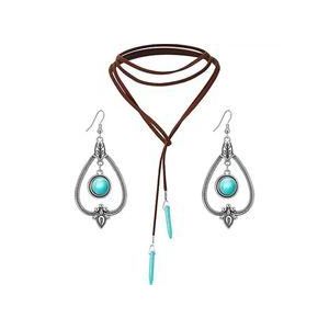Bohemian turquoise leather necklace earring set accessories - turquoise green