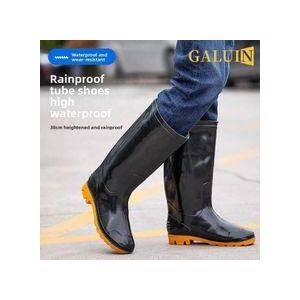 GALUIN Unisex High Knee Waterproof Rain Boots Anti-Slip PVC Sole Black Yellow