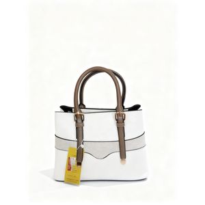 Elegant Two-Tone Structured Handbag with Double Top Handles – White & Brown