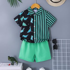 Catpapa 4-7 Years Boys Summer Outfit Set: Black & Mint Green Asymmetrical Dinosaur Print Shirt with Stripe Detail + Loose Straight Shorts, Breathable Kids Casual Wear for Daily Play