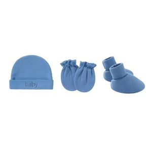 3-in-1 Soft Cotton Newborn Baby Beanie Hat Anti-Scratch Mittens & Booties Layette Set - Light Blue