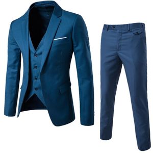 Gukbis Mens Suits Slim Fit 3 Piece Tuxedo Suit One Button Solid Prom Wedding Party Blazer Vest Pants Suit Set Outfits - Navy Blue