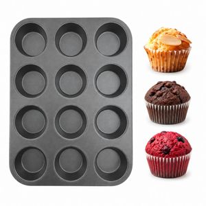 KITCHA 12-Cup Non-Stick Muffin Pan – Carbon Steel Cupcake, Egg Muffin & Small Cake Baking Tray, Black