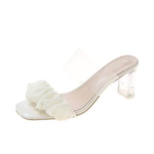 Transparent Block Heel Ruffled Sandals for Women – White Slip-On High Heel Mules