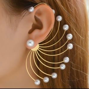 Gold Pearl Fan-Shaped Stud Earrings, Pierced Cascade Pearl Drop Earrings for Women