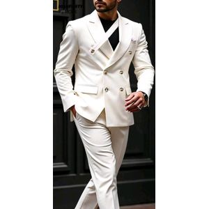 Fashion Beyond Expectation 2pcs Men’s Double-Breasted Suit Set – Solid Color White Formal Jacket & Trousers
