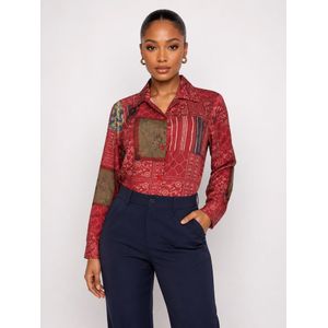 Women’s Vintage Patchwork Print Button-Up Shirt – Red