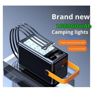 Powerful Brand New 50000mAh Power Bank - 22.5W Super Fast Charge 50000W + Camping Light + 4 Built-in Cables - Black