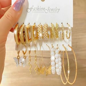 10-Pair Elegant Butterfly & Faux Pearl Earring Set – Luxurious Gold-Tone Collection for Women