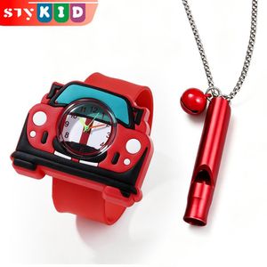 STY Children's Watch & Necklace Set Kids Slap Watch Whistle Necklace Cartoon Car Design 