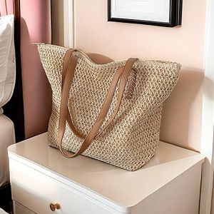 Large-Capacity Woven Handbag - Chic Straw Handbag with Brown Handles, Zipper Closure, And for Beach, Shopping, And Everyday Use, Beach Bag