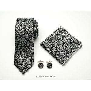Men's Floral Jacquard Silk Necktie Set with Pocket Square & Cufflinks – Luxury Magenta & Black Woven Formal Tie Set