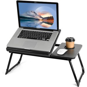 General Laptop Table Tray Bedside Table, Adjustable Folding Desk Notebook Stand Reading Shelf with Cup Holder - Black