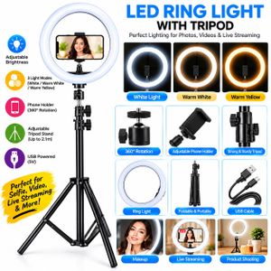 12 Inch LED Ring Light with Adjustable Tripod Stand and Phone Holder – 3 Light Modes, Dimmable USB Video Selfie Light
