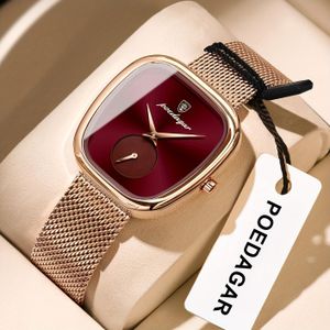 POEDAGAR Elegant Rose Square Watch - Waterproof Stainless Steel Mesh Band, Quartz Movement Wristwatch with Black Dial & Rose Hands, Suitable for Parties, Casual & Swimming, 3ATM Timepiece