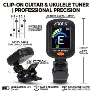 Rechargeable electronic clip-on tuner, suitable for guitar, ukulele, bass, violin and keyboard instruments.