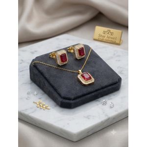 Women's Gemstone Pendant Necklace and Stud Earrings Set - Red