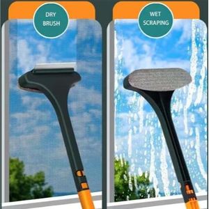 2-in-1 double-sided window cleaning brush with scraper, long handle, suitable for both wet and dry use, an ideal household cleaning tool.
