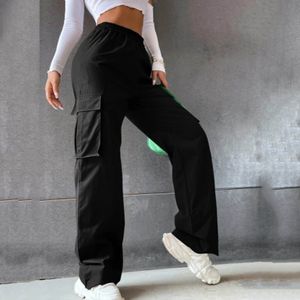 Cargo Pants for Women Casual High Waist Straight Leg Pants Pockets Loose  Bandage Solid Color Stretch Trousers 