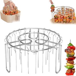 Air Fryer Rack Round, 16CM Air Fryer Skewer Stand, Stainless Steel Hanging Oven Skewers Rack Accessories, With 48 Skewers, Multifunctional Grill for Cooking Kebabs