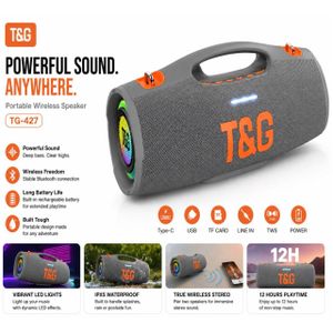 T&G TG-247 Portable Wireless Bluetooth Speaker,Deep Bass,RGB Lights,TWS stereo and Long Batterty - Grey Color