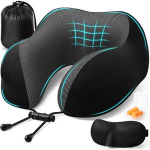 Memory Foam Travel Neck Pillow, Neck Support Pillow - With Storage Bag, Earmuffs and Eye Mask - Black