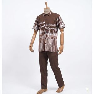 Men's 2-Piece Patterned Shirt And Trouser Set - Brown/White