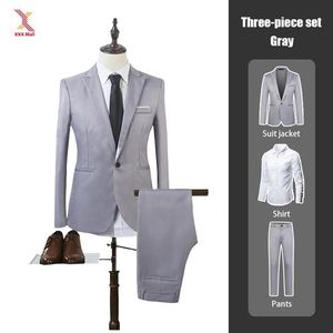 Men's Three-piece Suit Jacket + Shirt+ Trousers Slim Fit Business Casual(Grey) - Grey - EU L